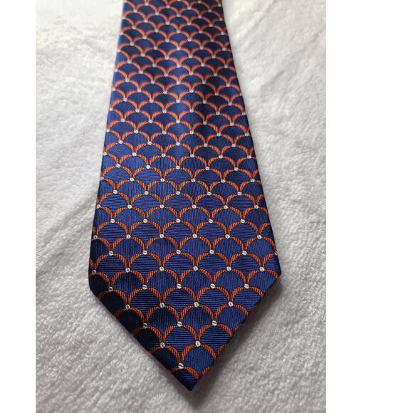 Paul Frederick blue orange scale print Italian silk tie - Picture 2 of 6